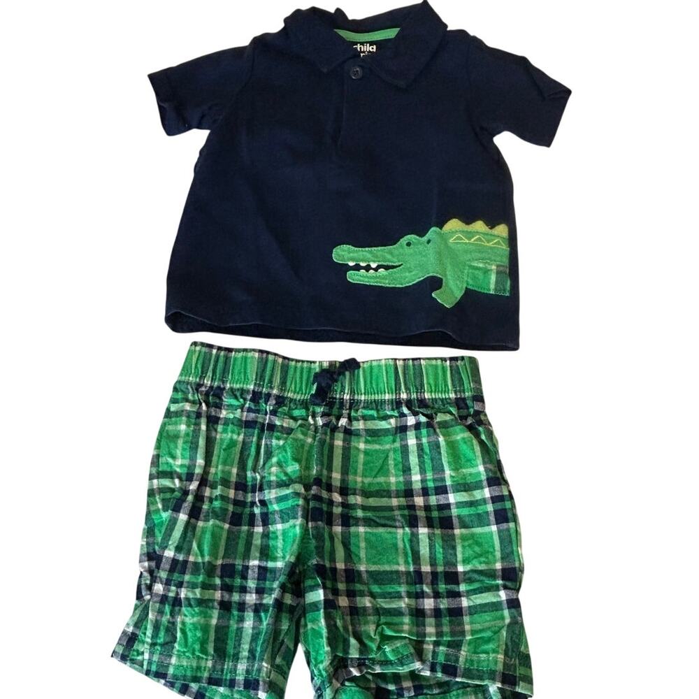 Child of Mine boys 18 M 2-piece blue alligator polo shirt green plaid shorts